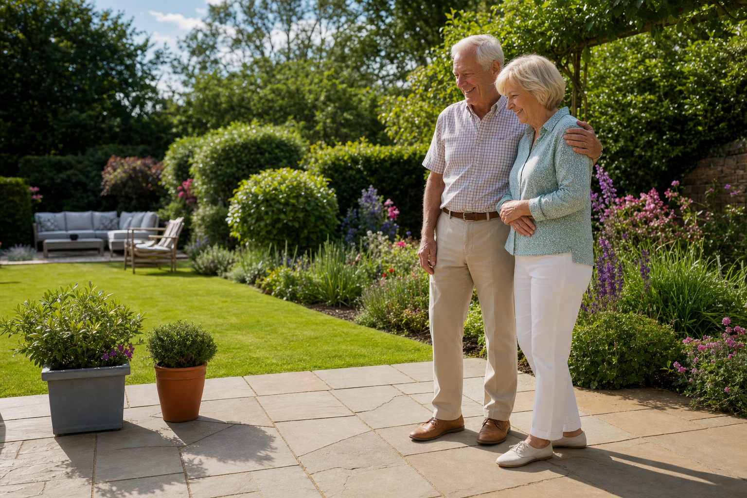 Couple admiring their beautiful new garden