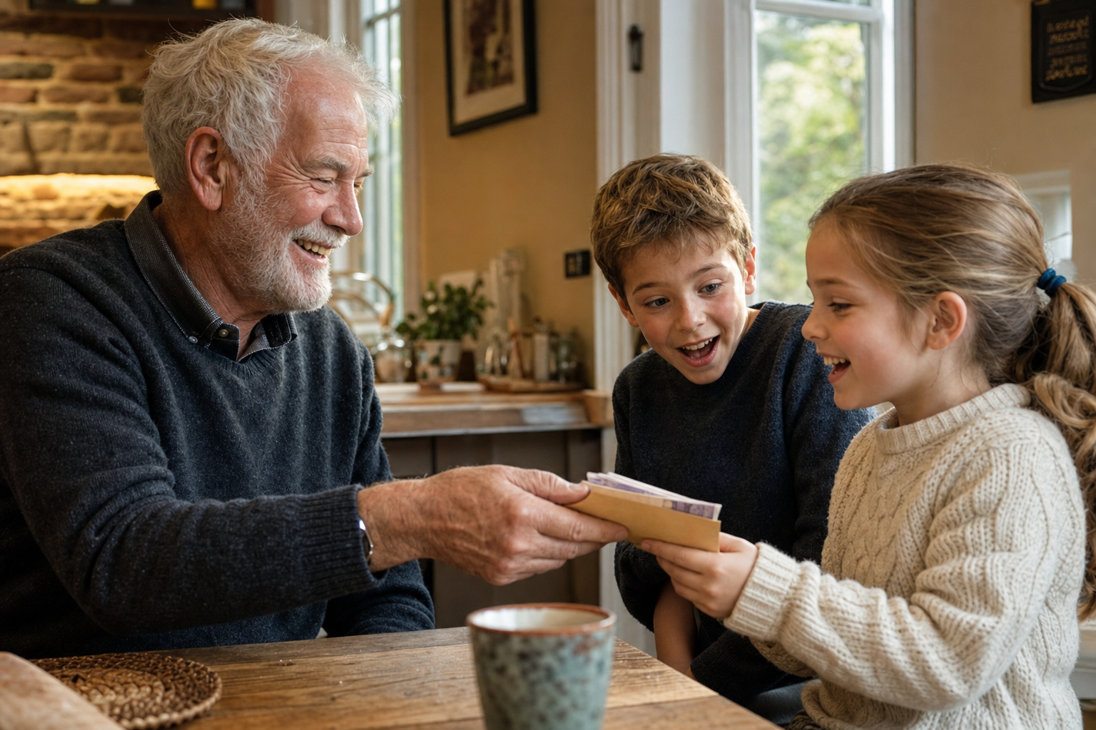 Grandfather giving money to grandchildren